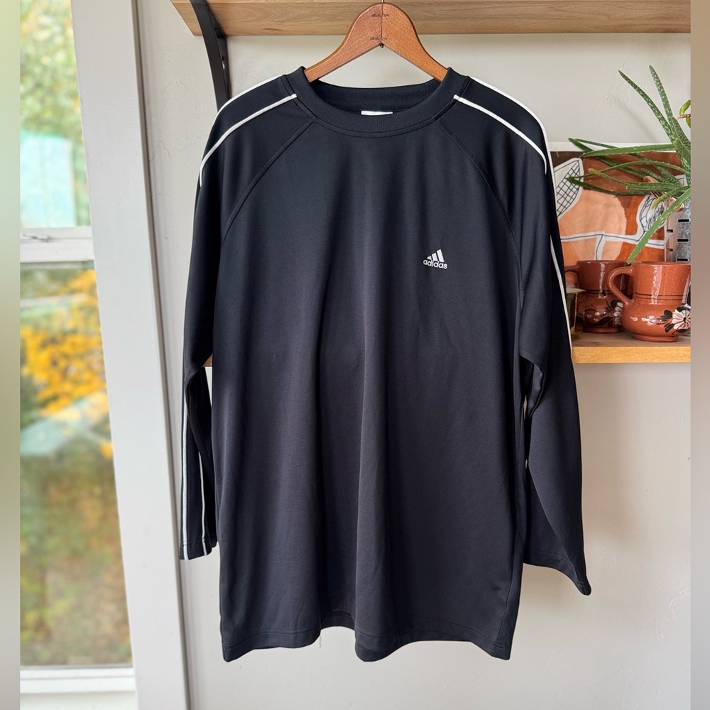 Adidas Black While Stripes Crew Neck Long Sleeve Warm Up Dri Fit Top Size Large